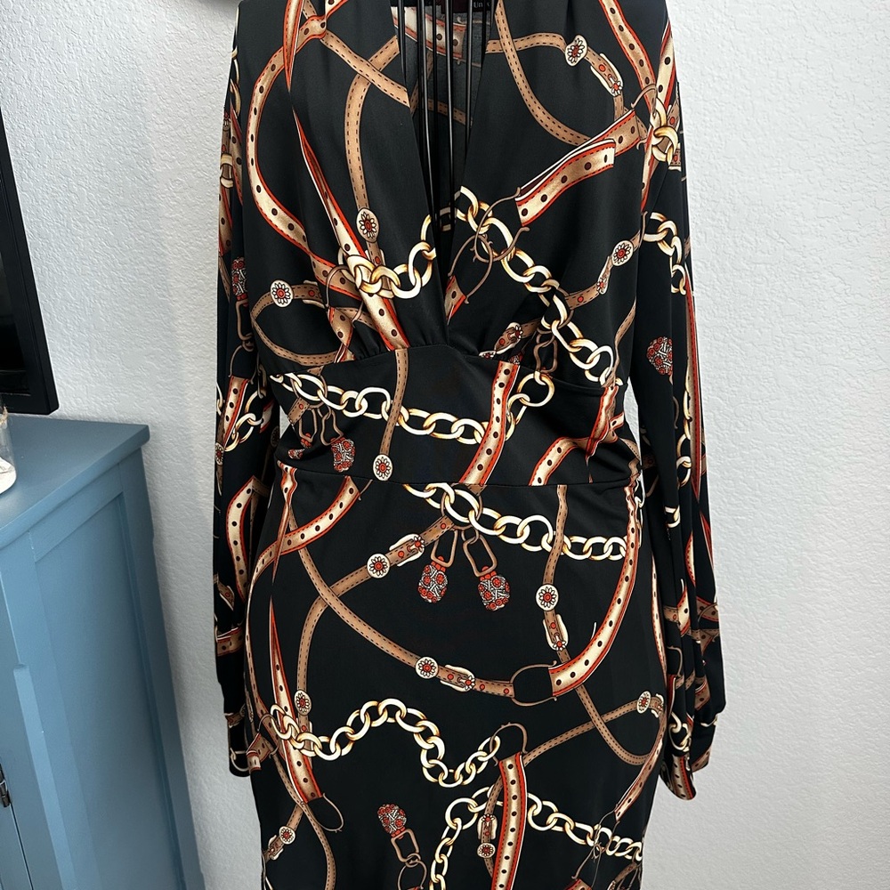 Unyx Gold Chain Print Sheath Dress with Bishop Sleeves